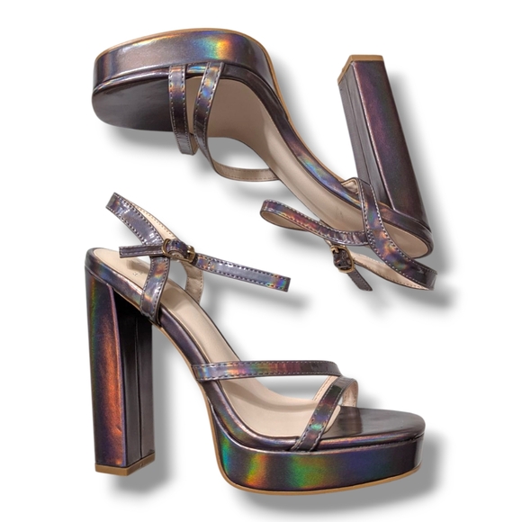H by Halston Shoes - NEW H BY HALSTON Sardinia Sandal In Pewter Iridescent Platform Heels SZ 6